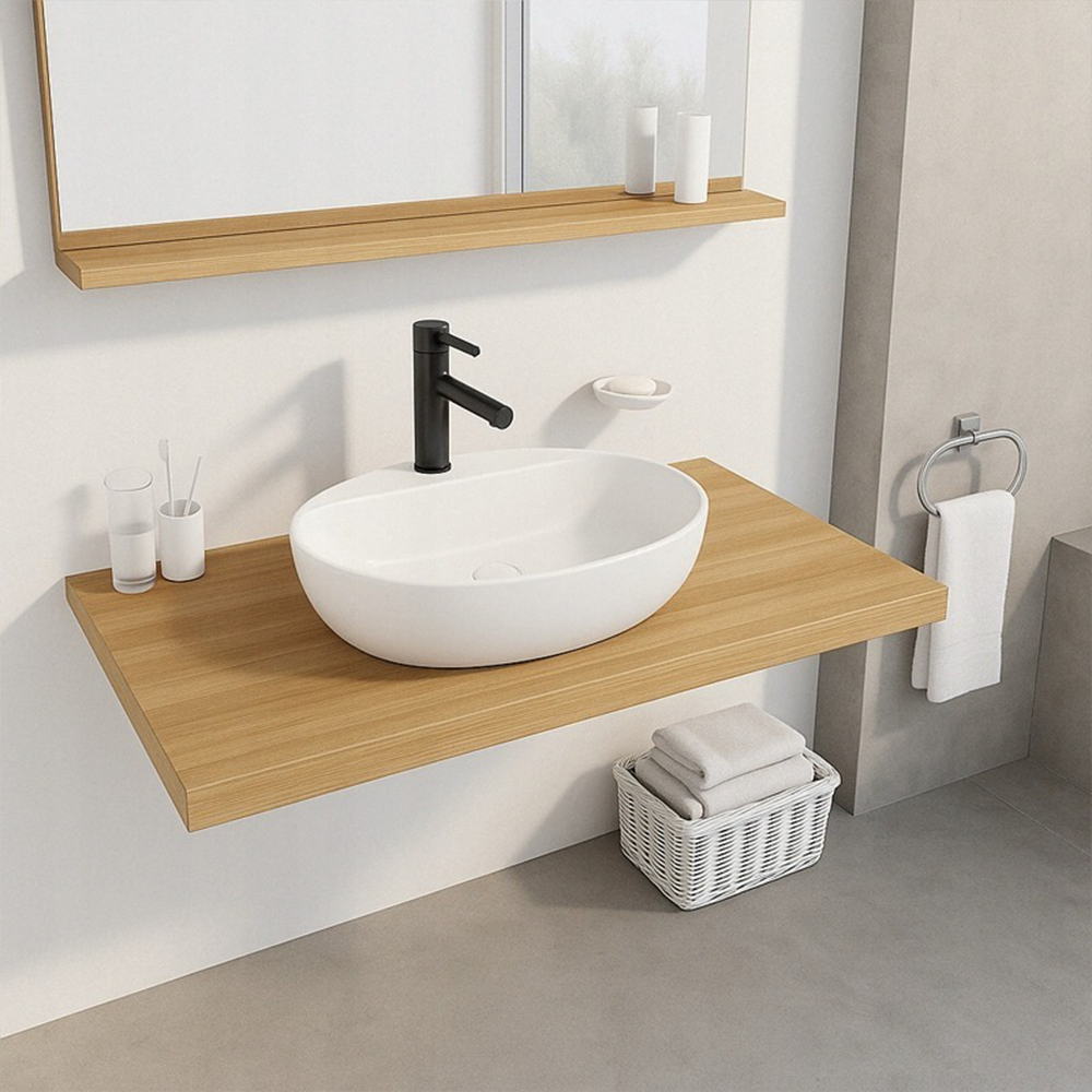 Owalna umywalka z białej ceramiki 50x38 cm – blatowa, z otworem na baterię