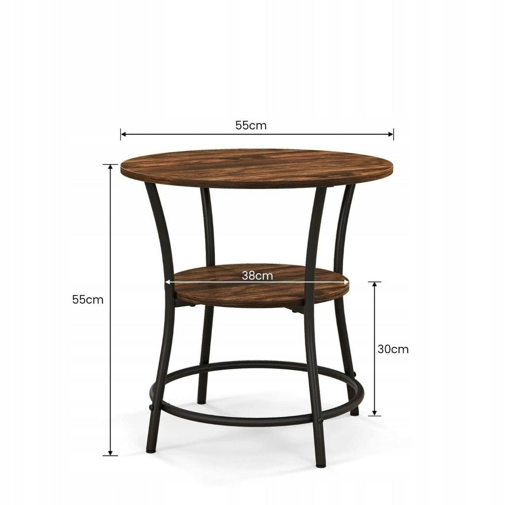 Okrągły stolik do salonu 55 cm – brązowy loft z praktyczną półką