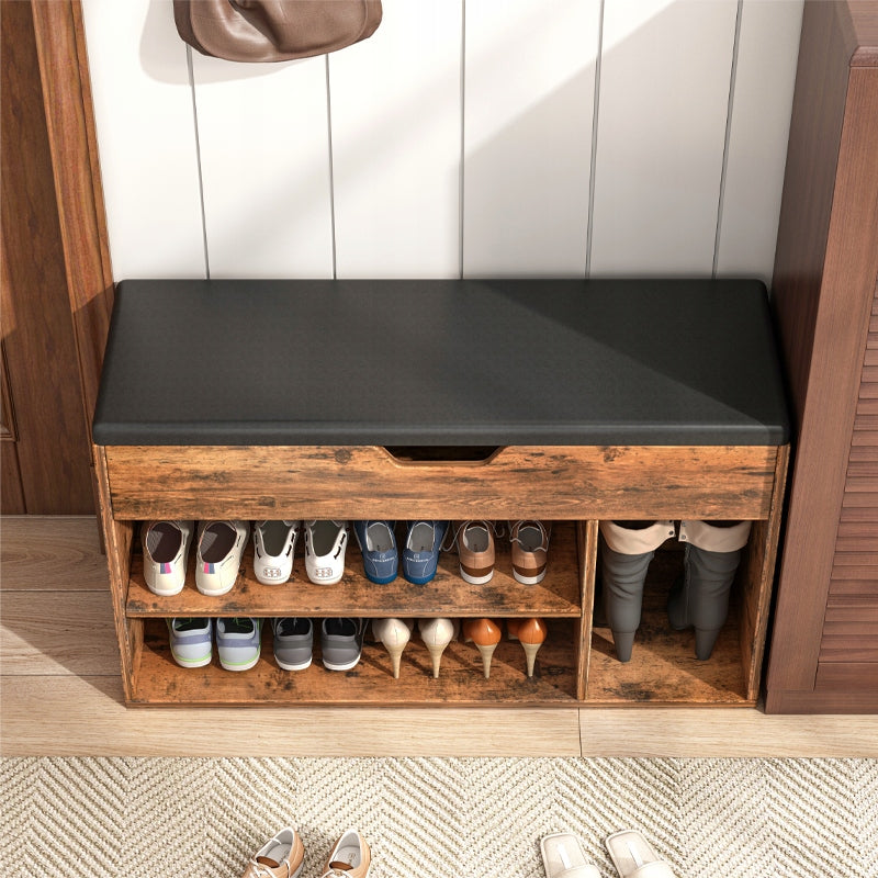Przestronna szafka na buty z siedziskiem i 2 półkami – drewniana, styl retro loft