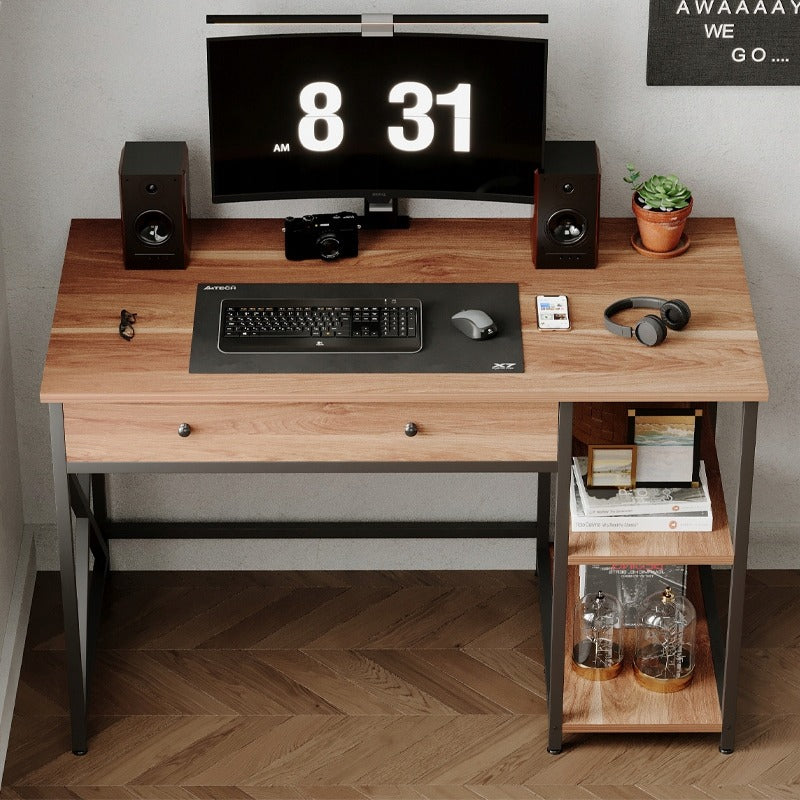 Biurko komputerowe loft industrialne jasny brąz z szufladą półkami 120cm