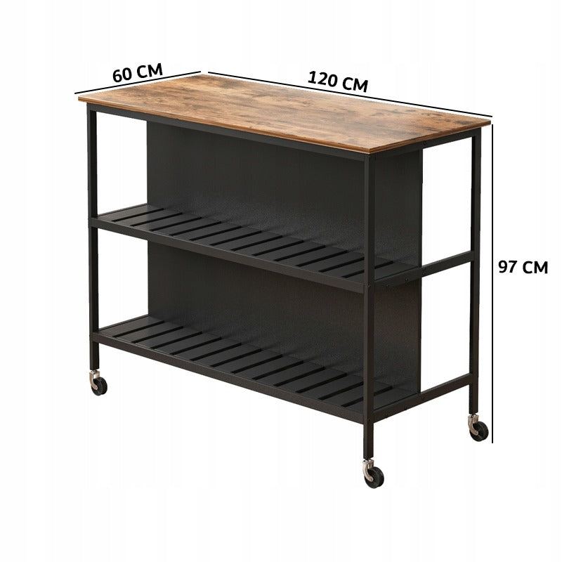 Stół barowy z półkami i kółkami, 120 x 60 x 97 cm – nowoczesny design loftowy