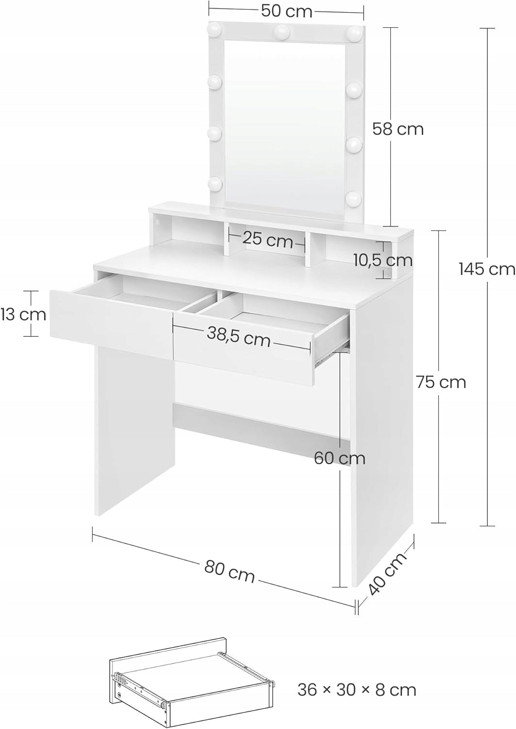 Toaletka kosmetyczna z lustrem LED – 80 cm
