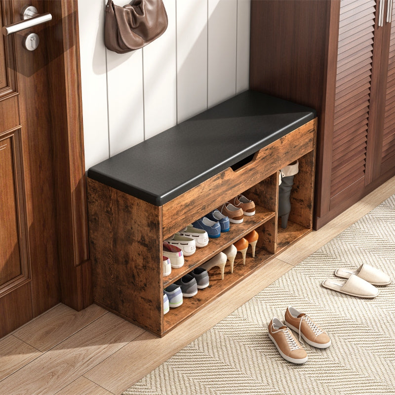 Przestronna szafka na buty z siedziskiem i 2 półkami – drewniana, styl retro loft