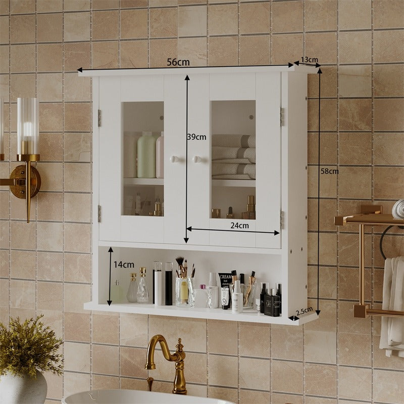 Szafka łazienkowa wisząca biała 2 drzwiowa szklana ścienna loft półki 58 cm