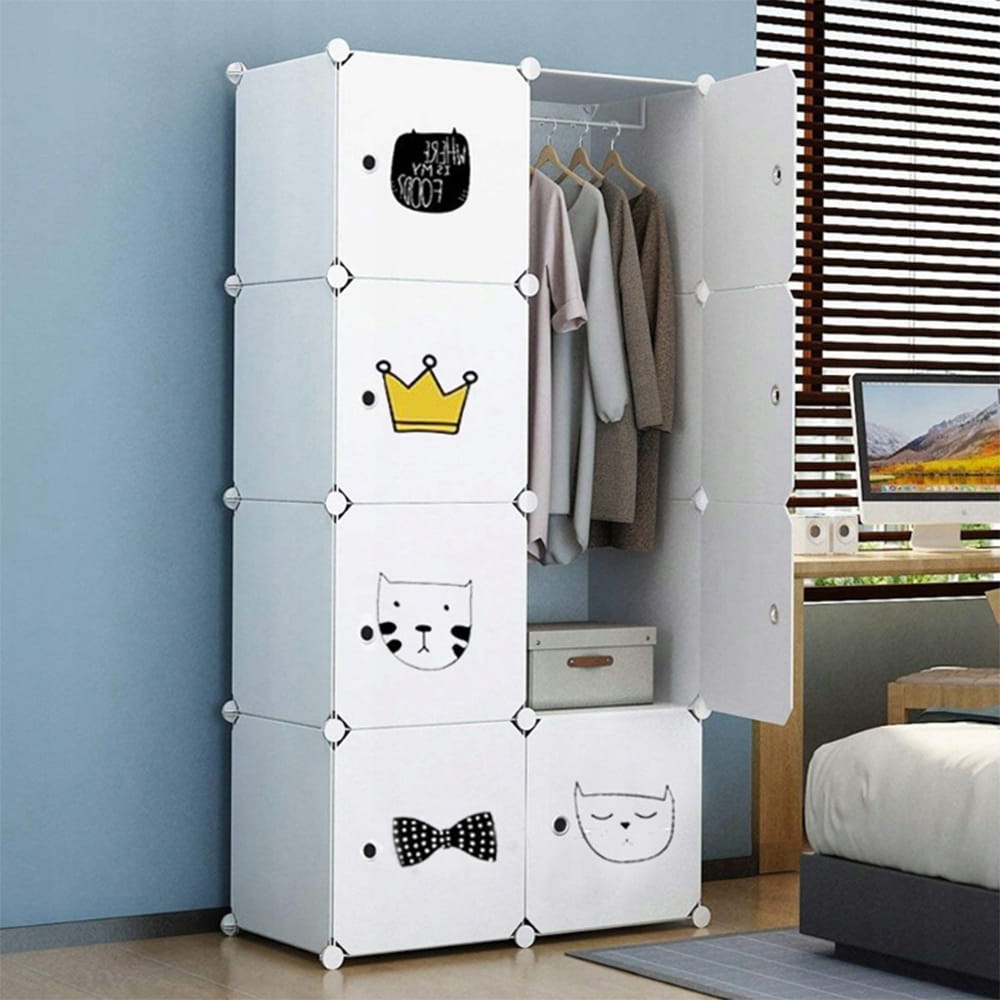 Biała dziecięca szafa 147 × 74 × 37 cm - lekka, modułowa z półkami i drążkiem