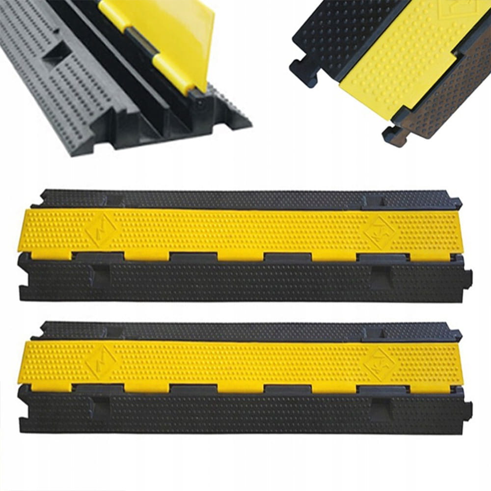 Zestaw 3 ramp ochronnych do kabli 1 m – 2 kanały, nośność 7 ton, czarno-żółte