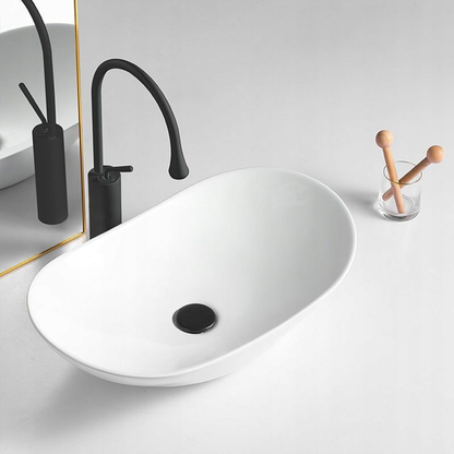 Owalna umywalka ceramiczna 60,5×36×15 cm – biała, błyszcząca, do łazienki