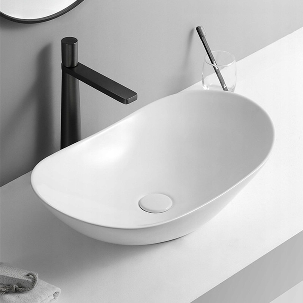 Owalna umywalka ceramiczna 60,5×36×15 cm – biała, błyszcząca, do łazienki