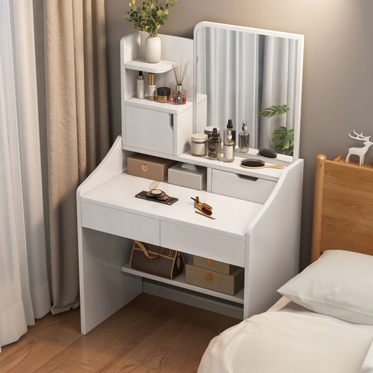 Toaletka z lustrem i szufladami – biała, nowoczesna, 70×40×130 cm do sypialni i do makijażu