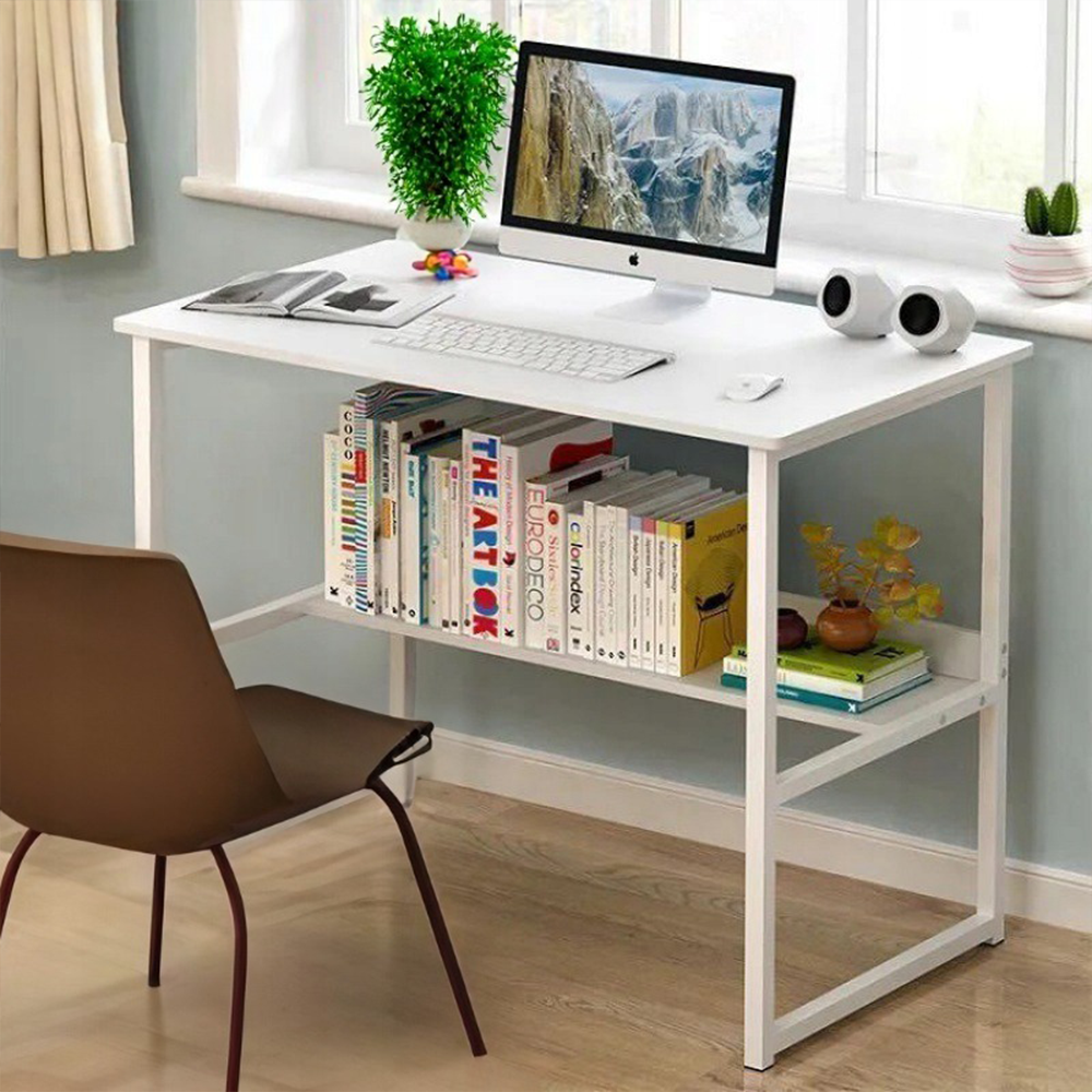 Nowoczesne białe biurko młodzieżowe 100x45x73 cm – wbudowana półka, MDF, elegancki design