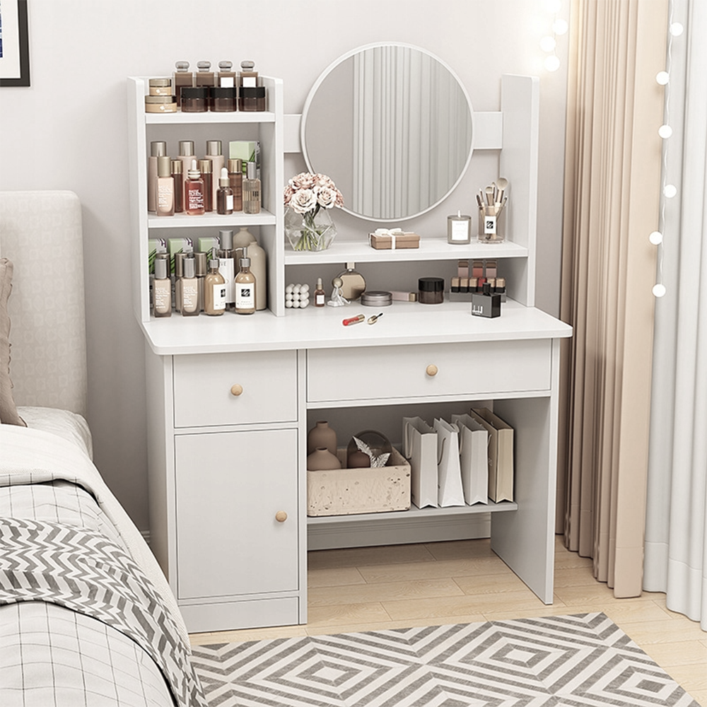 Skandynawska toaletka kosmetyczna, biała, 80 × 34 × 125 cm – z lustrem, 3 szufladami i półkami nad blatem