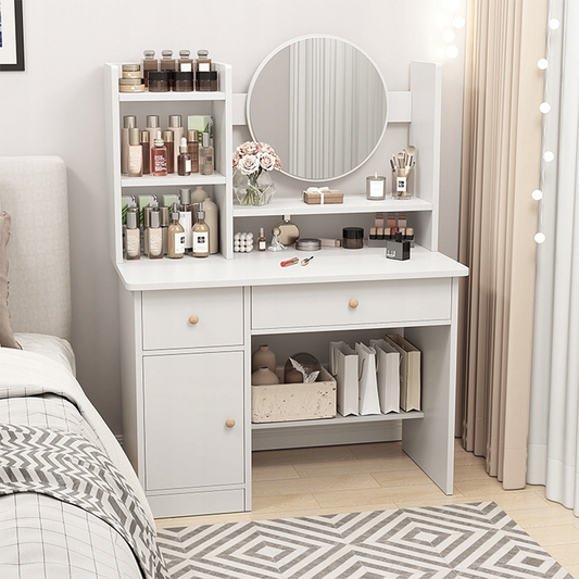 Skandynawska toaletka kosmetyczna, biała, 80 × 34 × 125 cm – z lustrem, 3 szufladami i półkami nad blatem