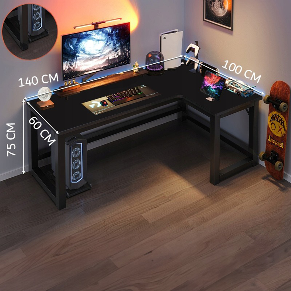 Biurko gamingowe L 140x100 cm – czarne, ergonomiczne, nowoczesny loftowy styl