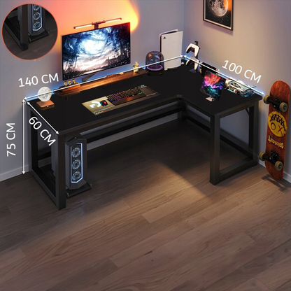 Biurko gamingowe L 140x100 cm – czarne, ergonomiczne, nowoczesny loftowy styl