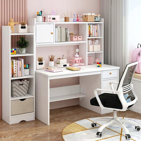 Białe loftowe biurko 120 cm z 7 półkami - nowoczesny skandynawski design