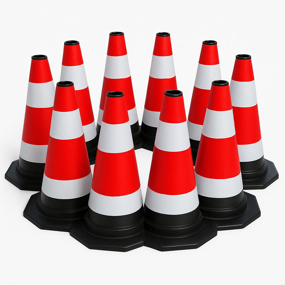 Zestaw 10 sztuk elastycznych, odblaskowych pachołków drogowych o wysokości 60 cm