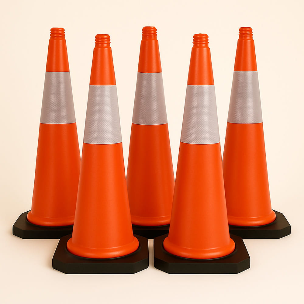 Zestaw 5 pachołków 75 cm – ostrzegawcze, wytrzymałe na warunki atmosferyczne, odblaskowe