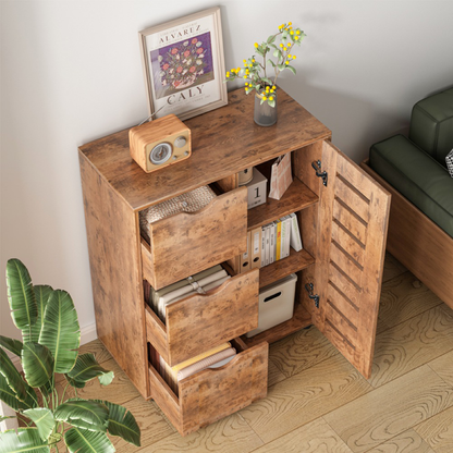 Rustykalna komoda 60x30x80 cm – 3 szuflady i schowek z drzwiami z lamelami