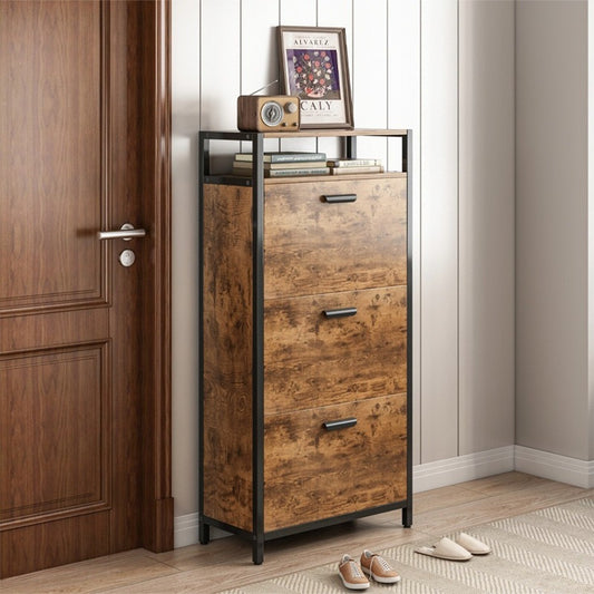 Szafka na buty loft 60×30×130 cm - rustykalny brąz, 3 półki, styl vintage industrialny