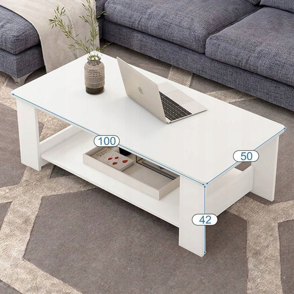 Biały stolik kawowy 100x50x42 cm – z półką, nowoczesny i funkcjonalny design