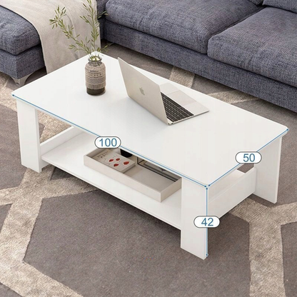 Biały stolik kawowy 100x50x42 cm – z półką, nowoczesny i funkcjonalny design