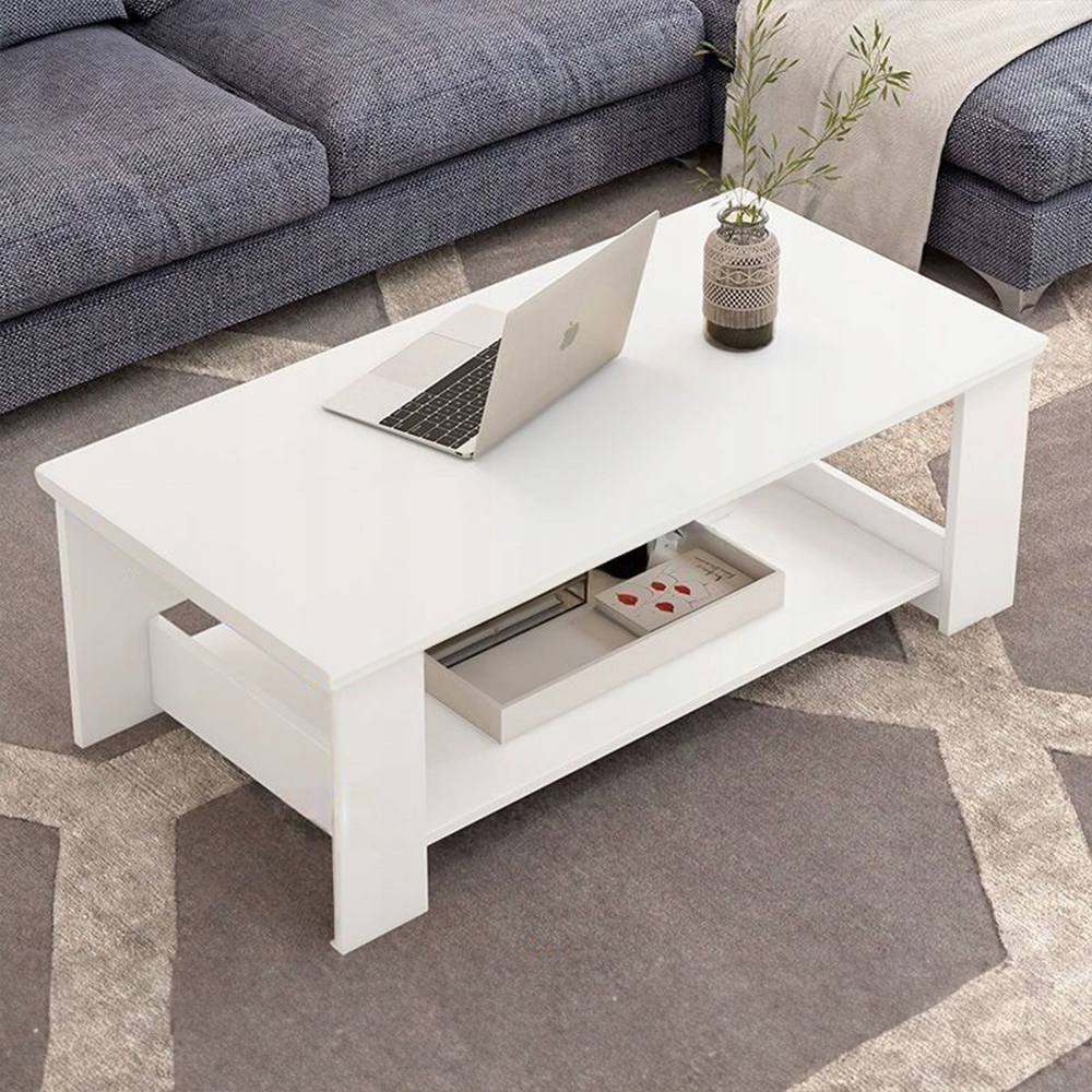 Biały stolik kawowy 100x50x42 cm – z półką, nowoczesny i funkcjonalny design