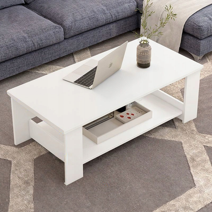 Biały stolik kawowy 100x50x42 cm – z półką, nowoczesny i funkcjonalny design