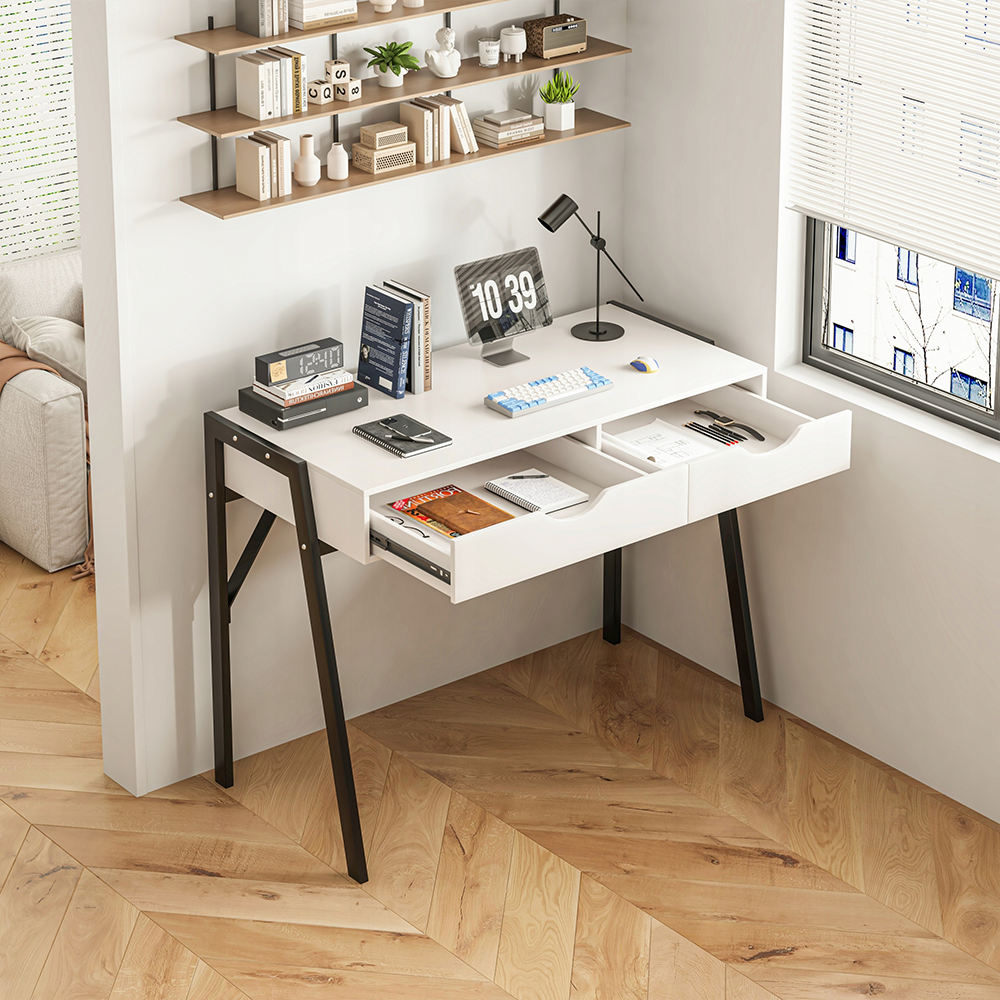 Białe biurko nowoczesne 80x40x90 cm – matowe, z szufladami, czarne metalowe nogi