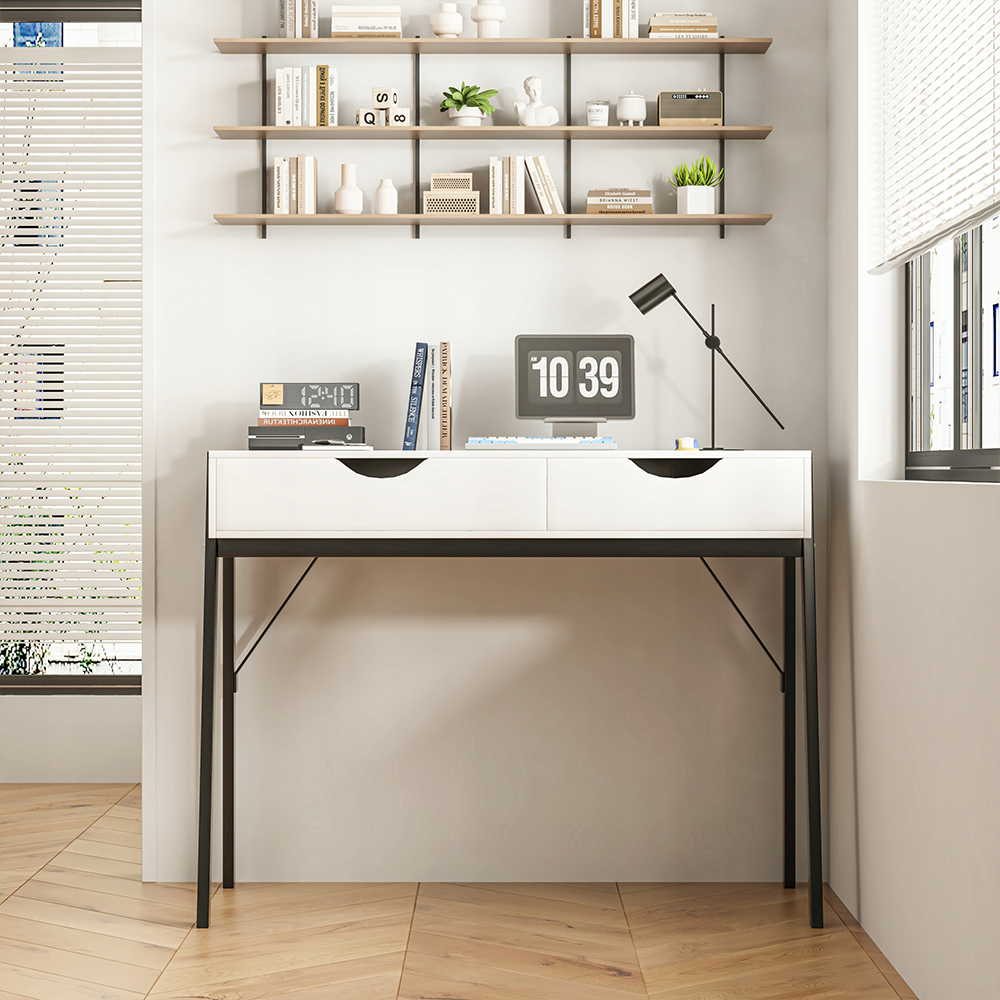 Białe biurko nowoczesne 80x40x90 cm – matowe, z szufladami, czarne metalowe nogi