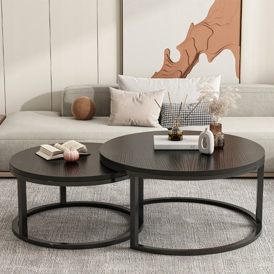 Zestaw 2 okrągłych stolików kawowych czarnych - loftowy komplet, średnica 70 cm i 50 cm