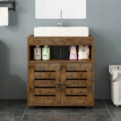 Brązowa szafka łazienkowa 60 cm – rustykalna, z drzwiami i półkami