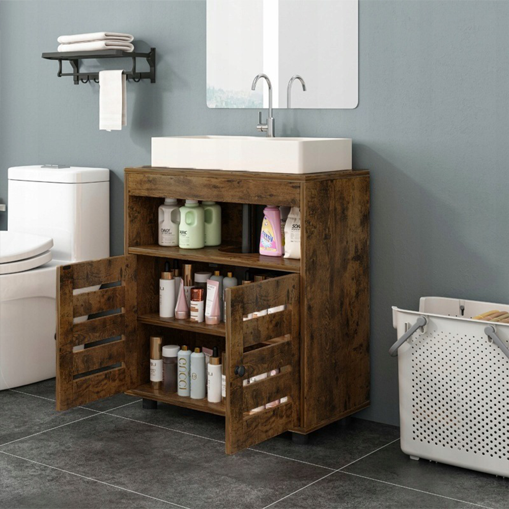 Brązowa szafka łazienkowa 60 cm – rustykalna, z drzwiami i półkami