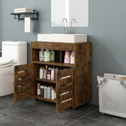 Brązowa szafka łazienkowa 60 cm – rustykalna, z drzwiami i półkami