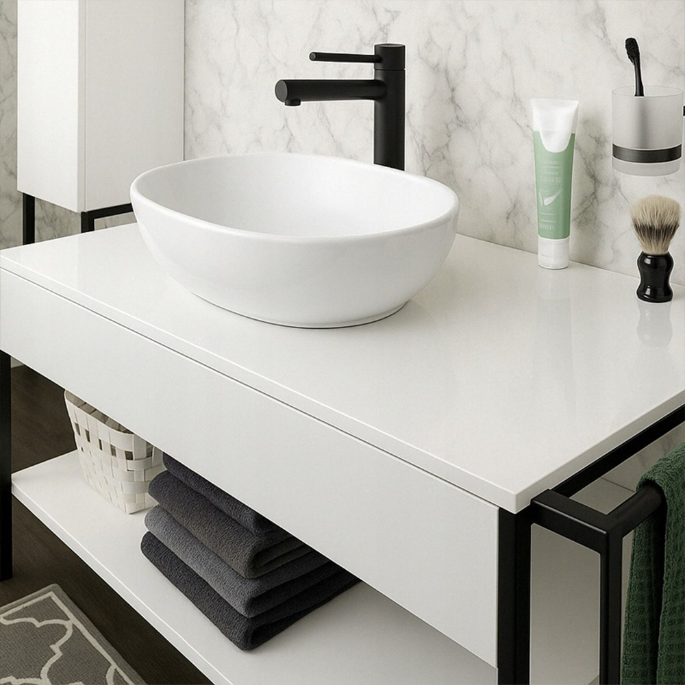 Nowoczesna umywalka owalna 49x35 cm – biała błyszcząca, ceramiczna