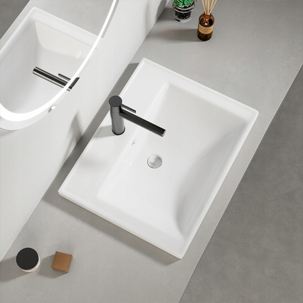 Biała umywalka ceramiczna 52x41 cm – prostokątna, wpuszczana w blat