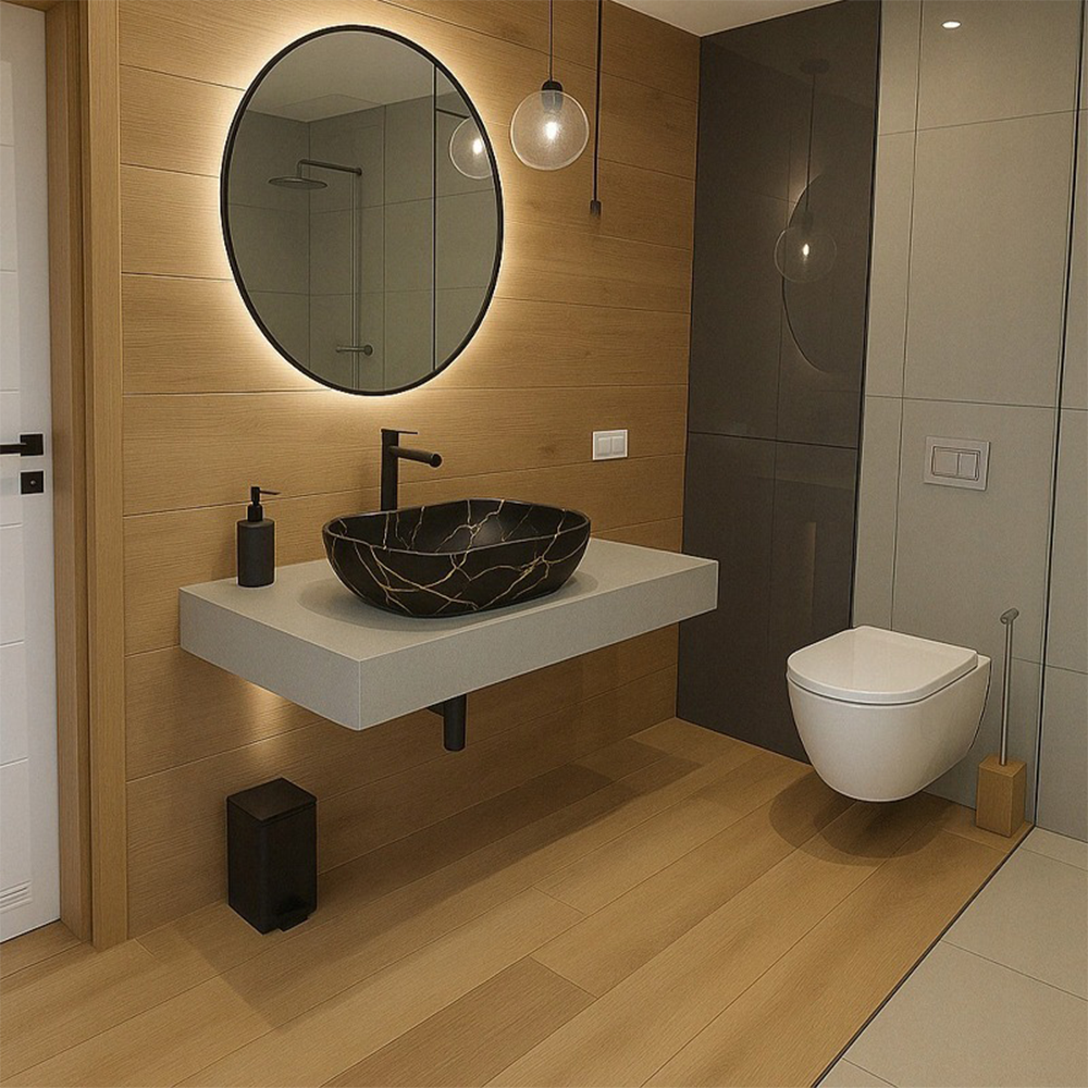 Czarna umywalka nablatowa 46,5×33 cm - matowy marmur ze złotymi żyłkami, owalny kształt