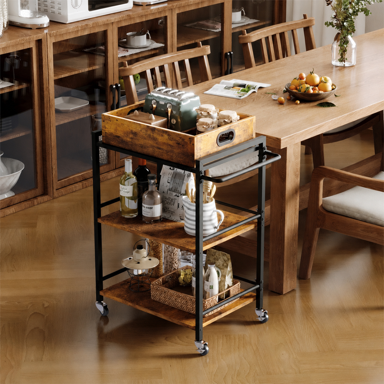 Wózek Kuchenny na Kółkach – Barek Loft ze Zdejmowaną Tacą – Brązowy