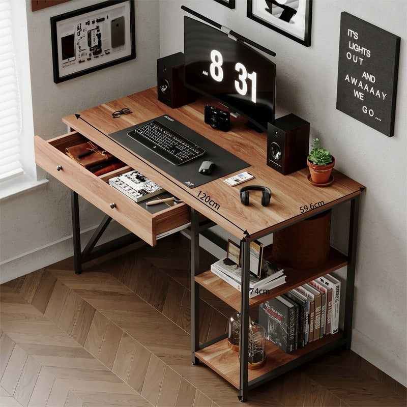 Biurko komputerowe loft industrialne jasny brąz z szufladą półkami 120cm