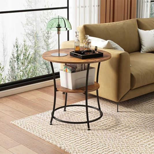 Okrągły stolik do salonu 55 cm – brązowy loft z praktyczną półką