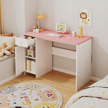 Biurko białe z szufladą szafką dla dziewczyny z różowym blatem loft 110 cm