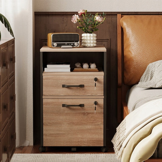 Szafka na kółkach kontenerek na dokumenty z szufladami zamykana jasny brąz