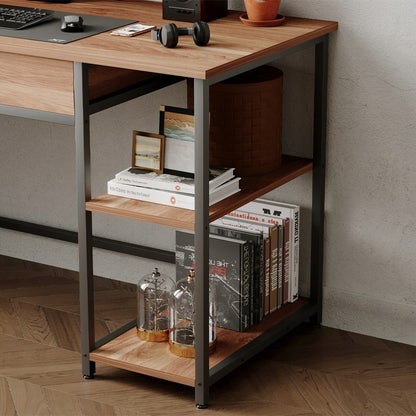 Biurko komputerowe loft industrialne jasny brąz z szufladą półkami 120cm