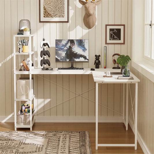 Biurko komputerowe narożne półkami regałem białe industrialne loft 144 cm