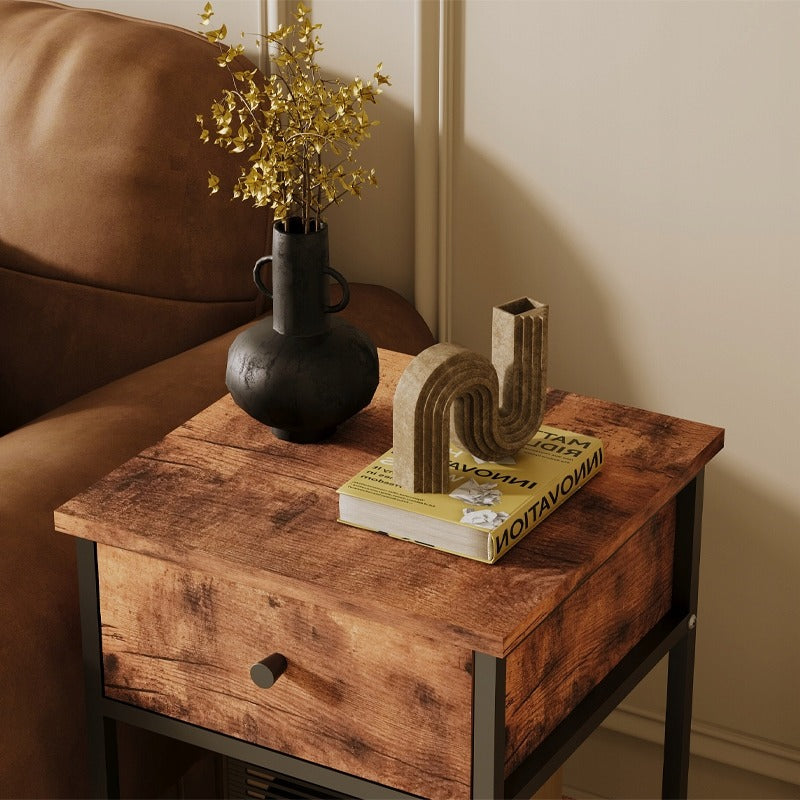 Stolik nocny komoda szafka z szufladą półką retro brąz industrialny loft