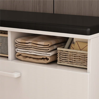 Biała szafka na buty z siedziskiem i schowkiem – elegancka i funkcjonalna