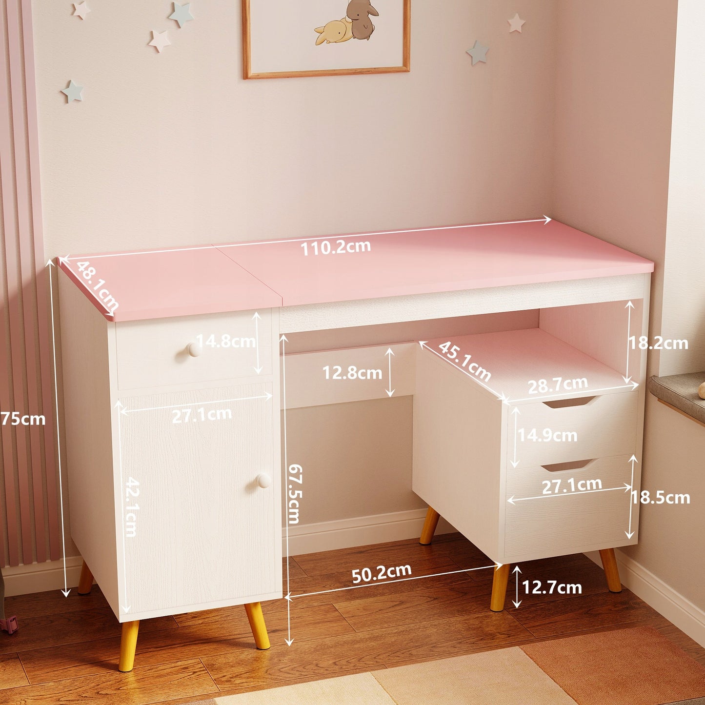Biurko dla dziewczynki - białe z różowym blatem - 110 cm