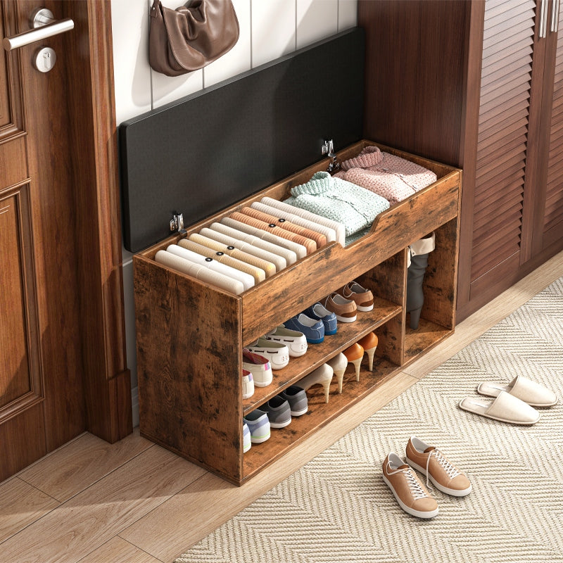 Przestronna szafka na buty z siedziskiem i 2 półkami – drewniana, styl retro loft