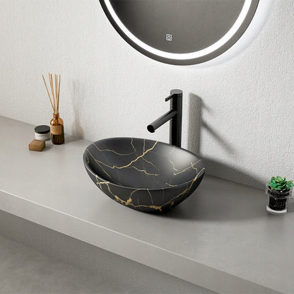 Umywalka nablatowa czarny mat marmur z żyłkami owalna ceramiczna 41x34,5 cm