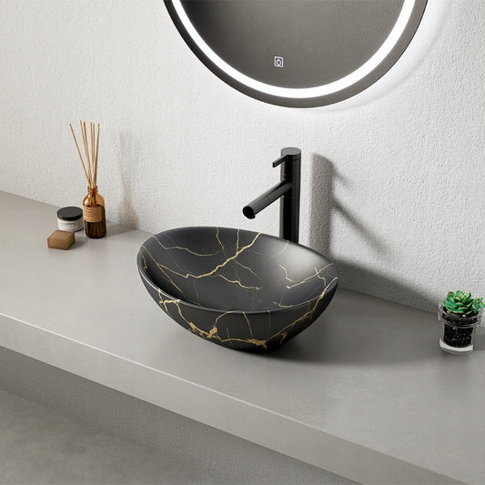 Umywalka nablatowa czarny mat marmur z żyłkami owalna ceramiczna 41x34,5 cm