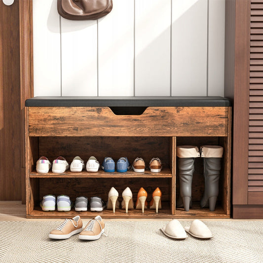 Przestronna szafka na buty z siedziskiem i 2 półkami – drewniana, styl retro loft